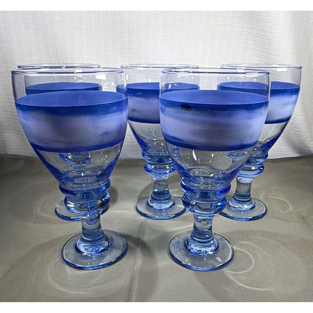 Vintage Libbey Nova Blue Glass Water Wine Goblets Stemware Set of 5